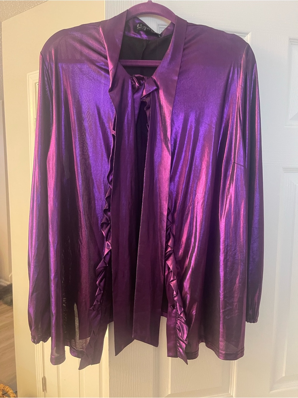Eloquii Shiny Purple Satin Tie-Neck Blouse